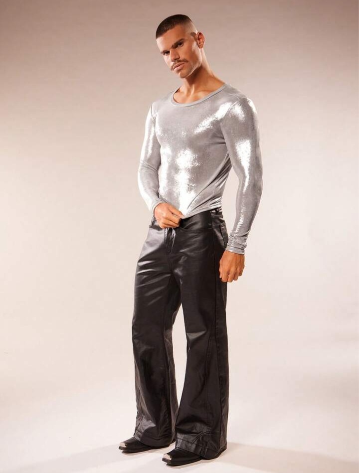 Men's Shiny Silver Crew Neck Long Sleeve T-shirt